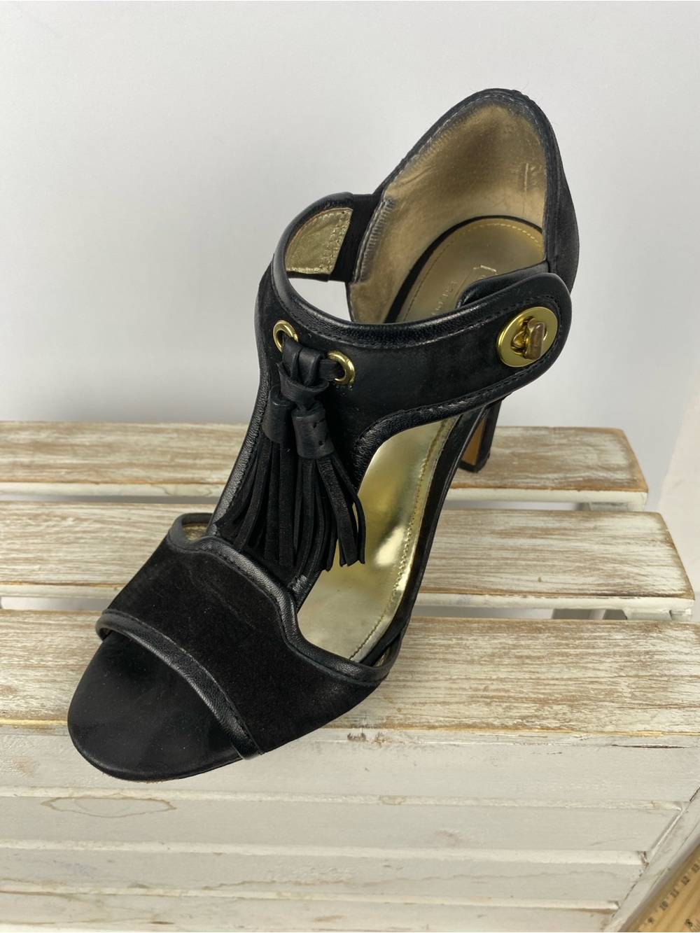 Coach Tristen Tassel Heel Sandals in black suede leather women’s size 8.5B